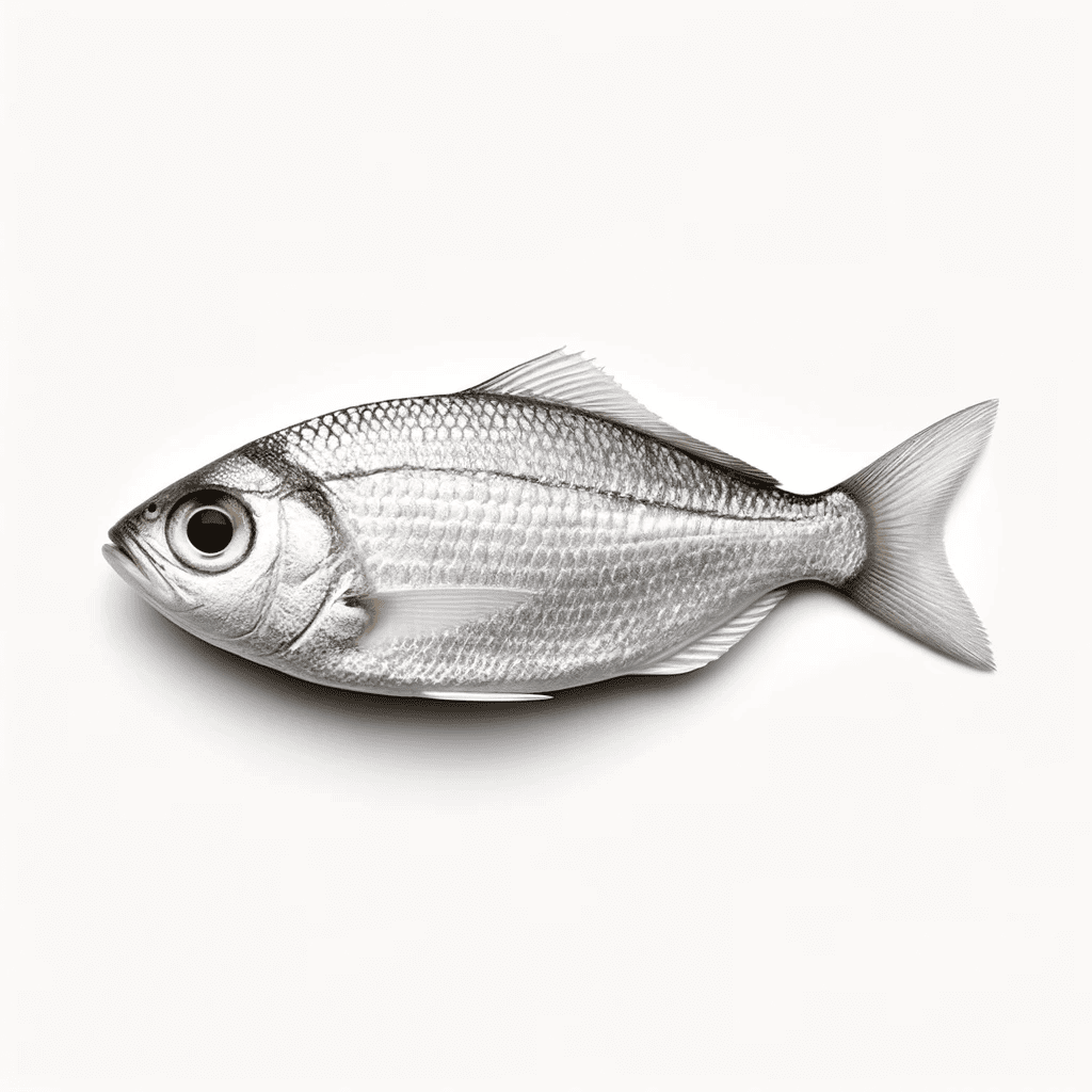 DALL·E 2023-10-11 22.07.59 - Authentic-looking photograph of a basic fish with gray, white, and silver coloration, set against a seamless white background. The fish's simple and u (1)