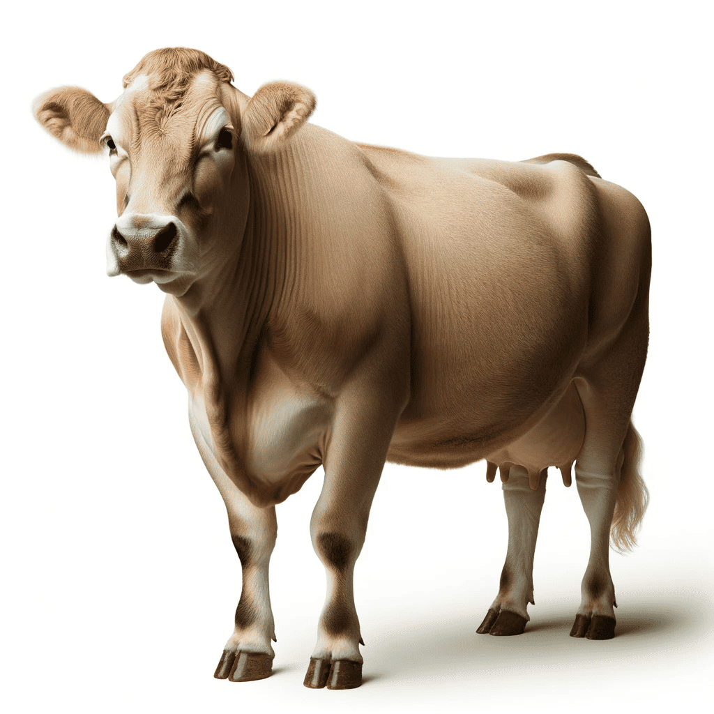 DALL·E 2023-10-11 22.26.17 - Authentic-looking photograph of a light brown, slightly thinner dairy cow in a full side pose, set against a white background, emphasizing its lean fo (1)
