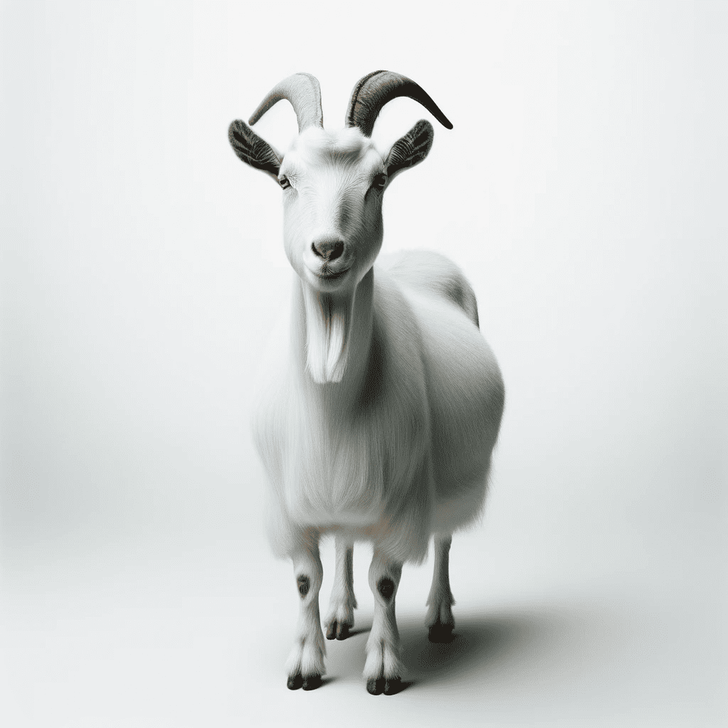 DALL·E 2023-10-20 16.28.21 - A straightforward and realistic photo of an ordinary adult goat, full body shot, captured from a side angle. The goat takes center stage against a pur (1)
